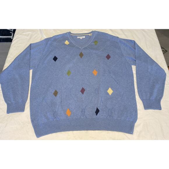 ALEX CANNON 100% Cotton Sweater Argyle Diamond Mens Size XXL Light Blue V Neck - Picture 1 of 16